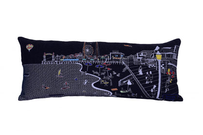 14" X 35" Dark Gray And White Ocean City Nighttime Skyline Lumbar Decorative Pillow HomeRoots
