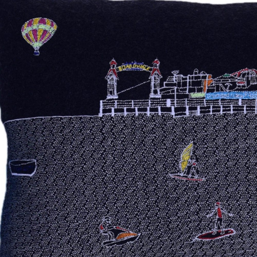 14" X 35" Dark Gray And White Ocean City Nighttime Skyline Lumbar Decorative Pillow — view 3