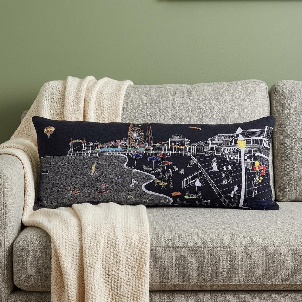 14" X 35" Dark Gray And White Ocean City Nighttime Skyline Lumbar Decorative Pillow — view 1