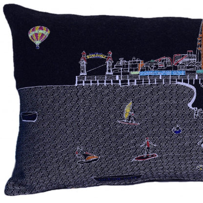 14" X 35" Dark Gray And White Ocean City Nighttime Skyline Lumbar Decorative Pillow HomeRoots