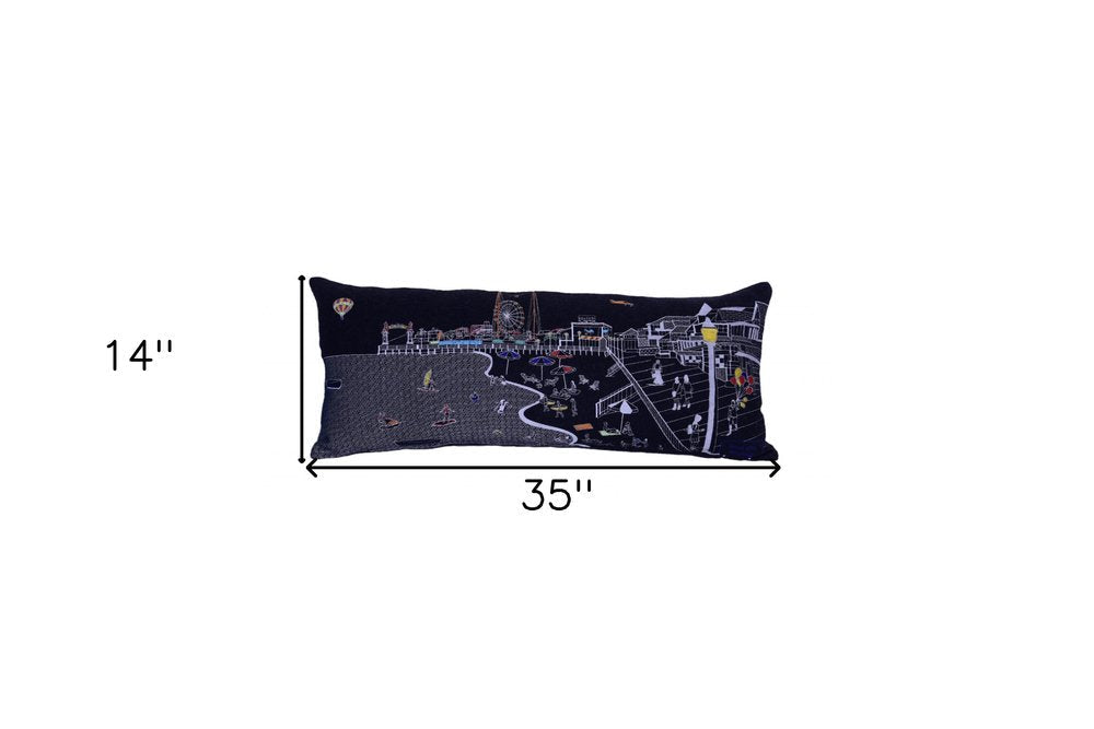 14" X 35" Dark Gray And White Ocean City Nighttime Skyline Lumbar Decorative Pillow — view 5