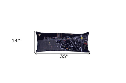 14" X 35" Dark Gray And White Ocean City Nighttime Skyline Lumbar Decorative Pillow HomeRoots