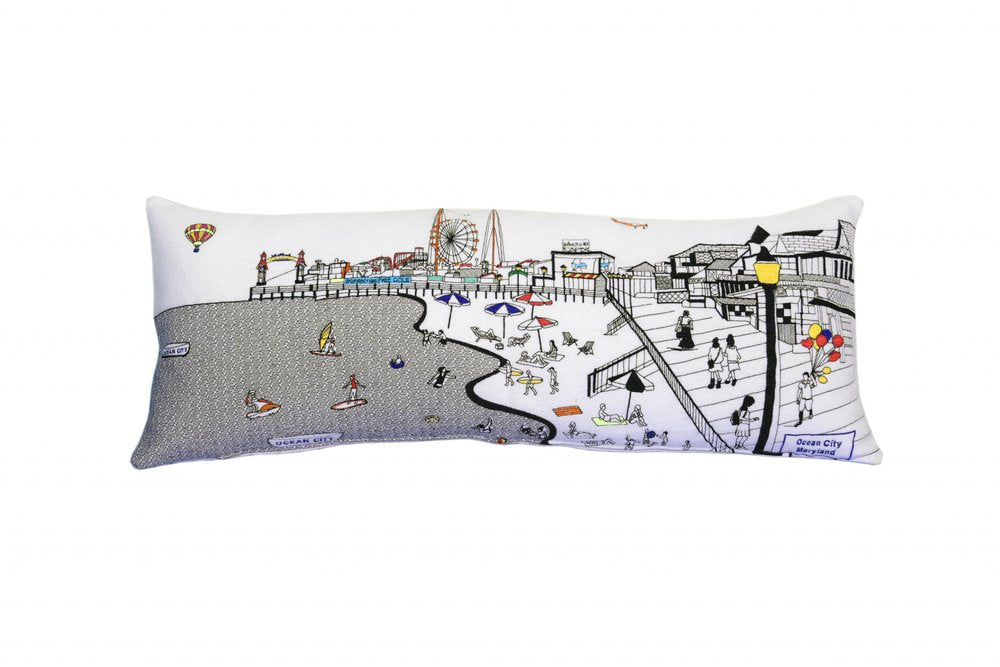 14" X 35" Dark Gray And White Ocean City Nighttime Skyline Lumbar Decorative Pillow HomeRoots