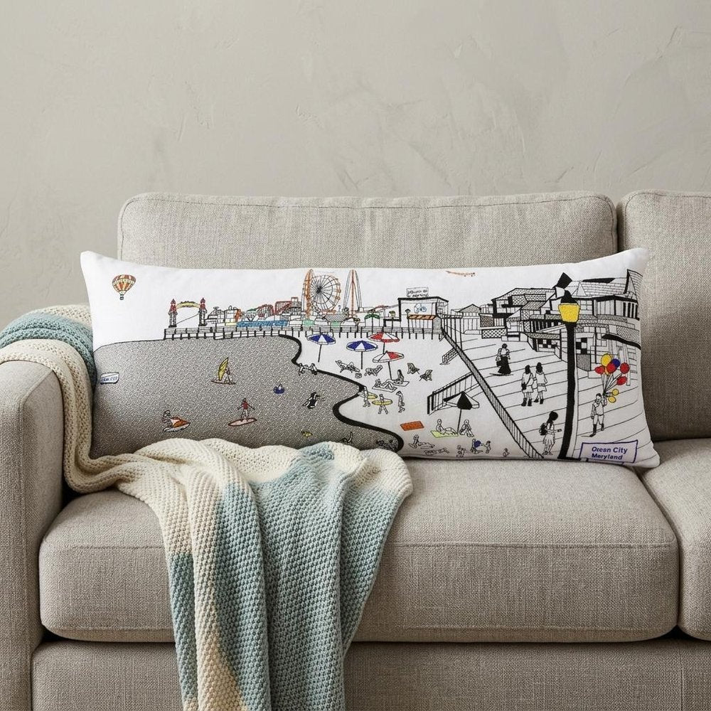 14" X 35" Dark Gray And White Ocean City Nighttime Skyline Lumbar Decorative Pillow HomeRoots
