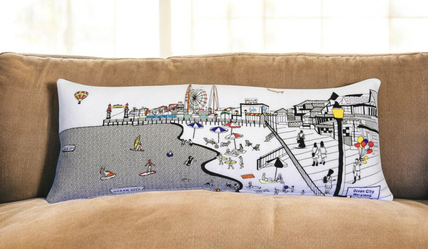 35" White Ocean City MD Daylight Skyline Lumbar Decorative Pillow FurniFindUSA