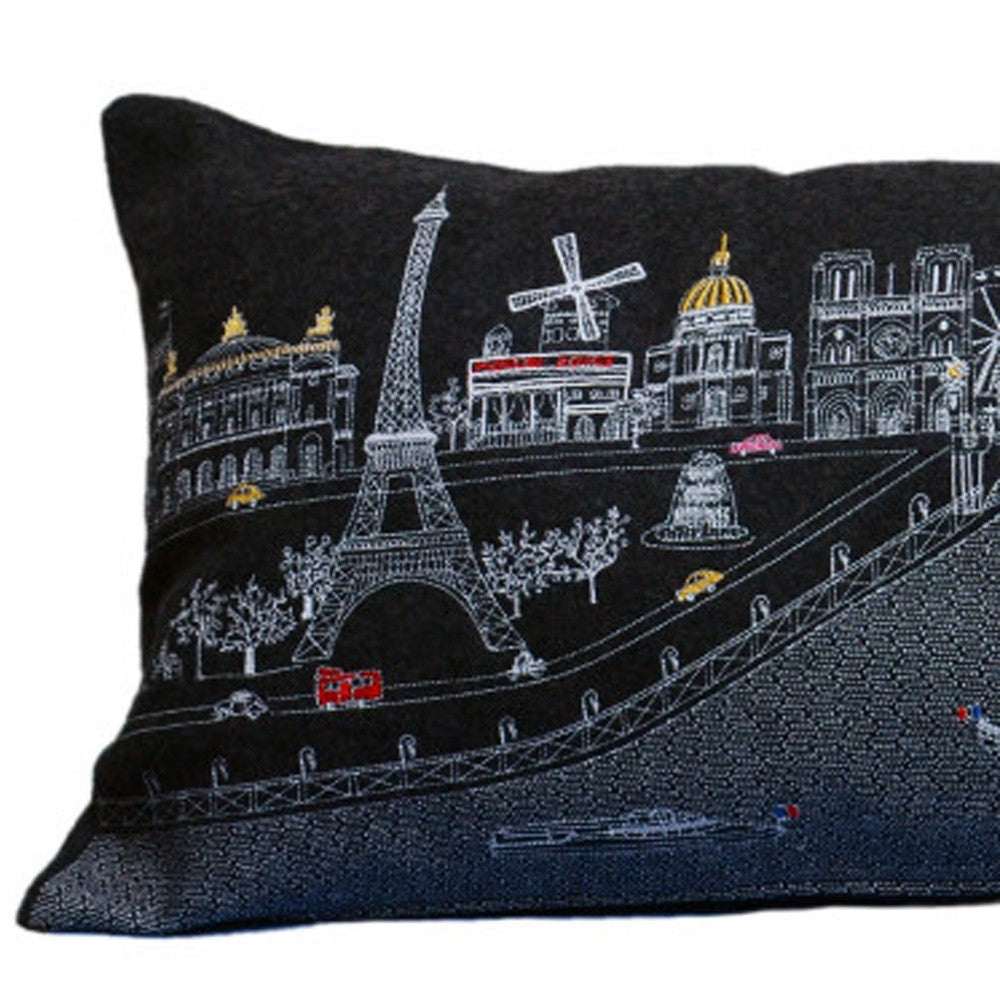 35" Black Paris Nighttime Skyline Standard Lumbar Decorative Pillow FurniFindUSA