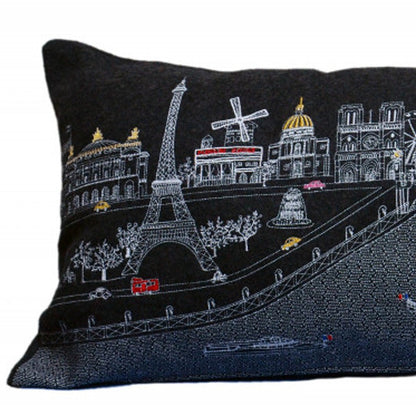 35" Black Paris Nighttime Skyline Standard Lumbar Decorative Pillow FurniFindUSA