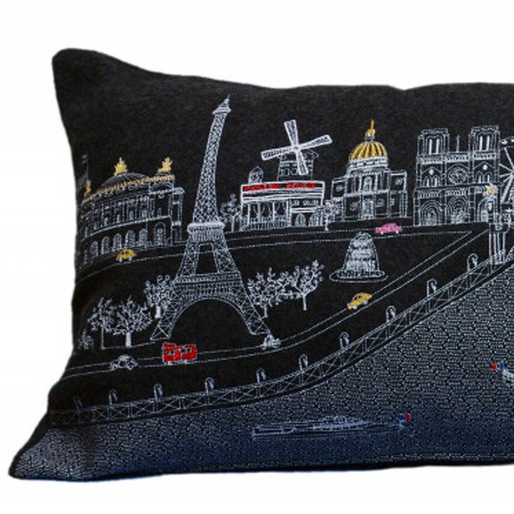 14" X 35" Dark Gray And White Paris Nighttime Skyline Lumbar Decorative Pillow — view 2