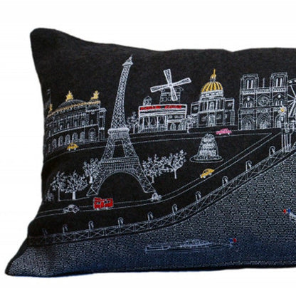 14" X 35" Dark Gray And White Paris Nighttime Skyline Lumbar Decorative Pillow HomeRoots