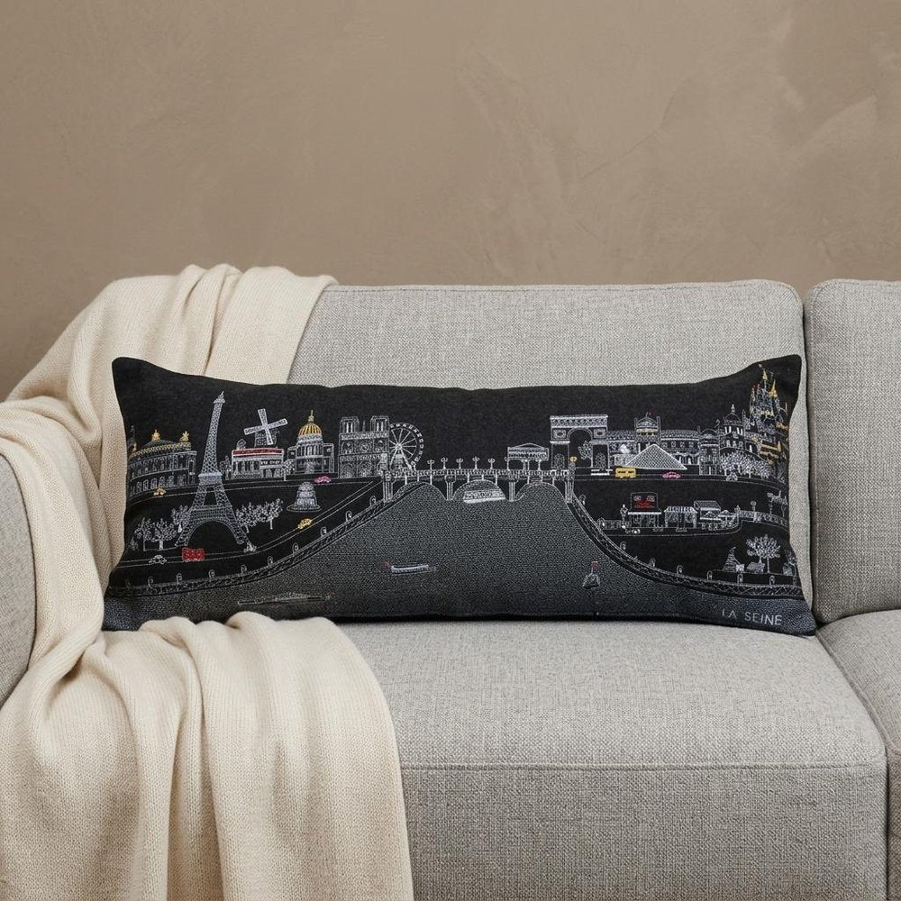 14" X 35" Dark Gray And White Paris Nighttime Skyline Lumbar Decorative Pillow HomeRoots