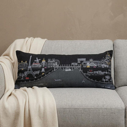 14" X 35" Dark Gray And White Paris Nighttime Skyline Lumbar Decorative Pillow HomeRoots