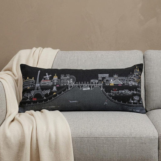 14" X 35" Dark Gray And White Paris Nighttime Skyline Lumbar Decorative Pillow