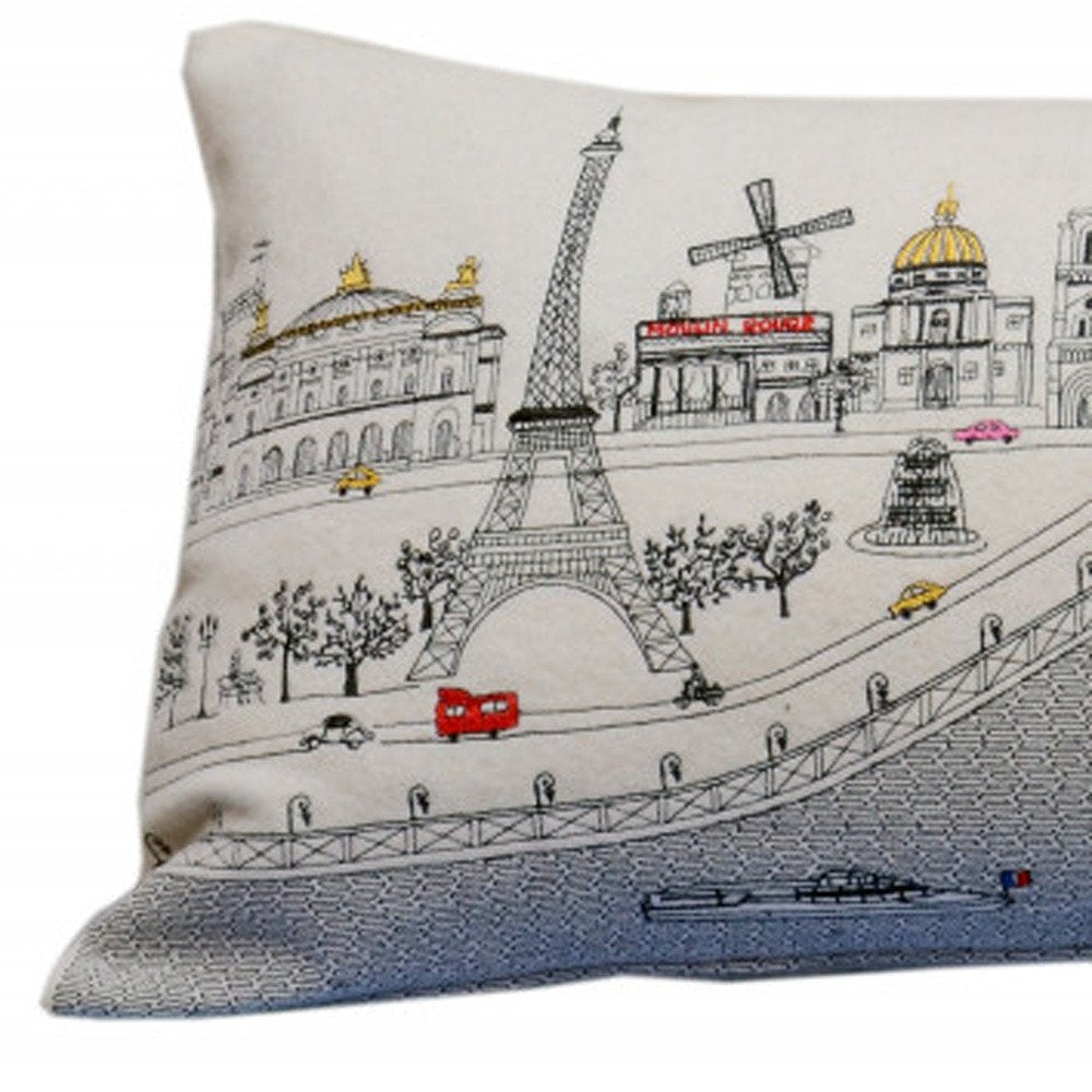 14" X 35" Dark Gray And White Paris Nighttime Skyline Lumbar Decorative Pillow — view 7