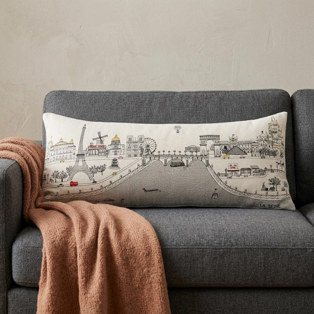 14" X 35" Dark Gray And White Paris Nighttime Skyline Lumbar Decorative Pillow HomeRoots