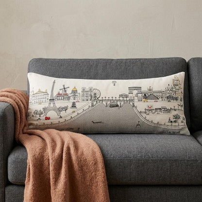 14" X 35" Dark Gray And White Paris Nighttime Skyline Lumbar Decorative Pillow HomeRoots