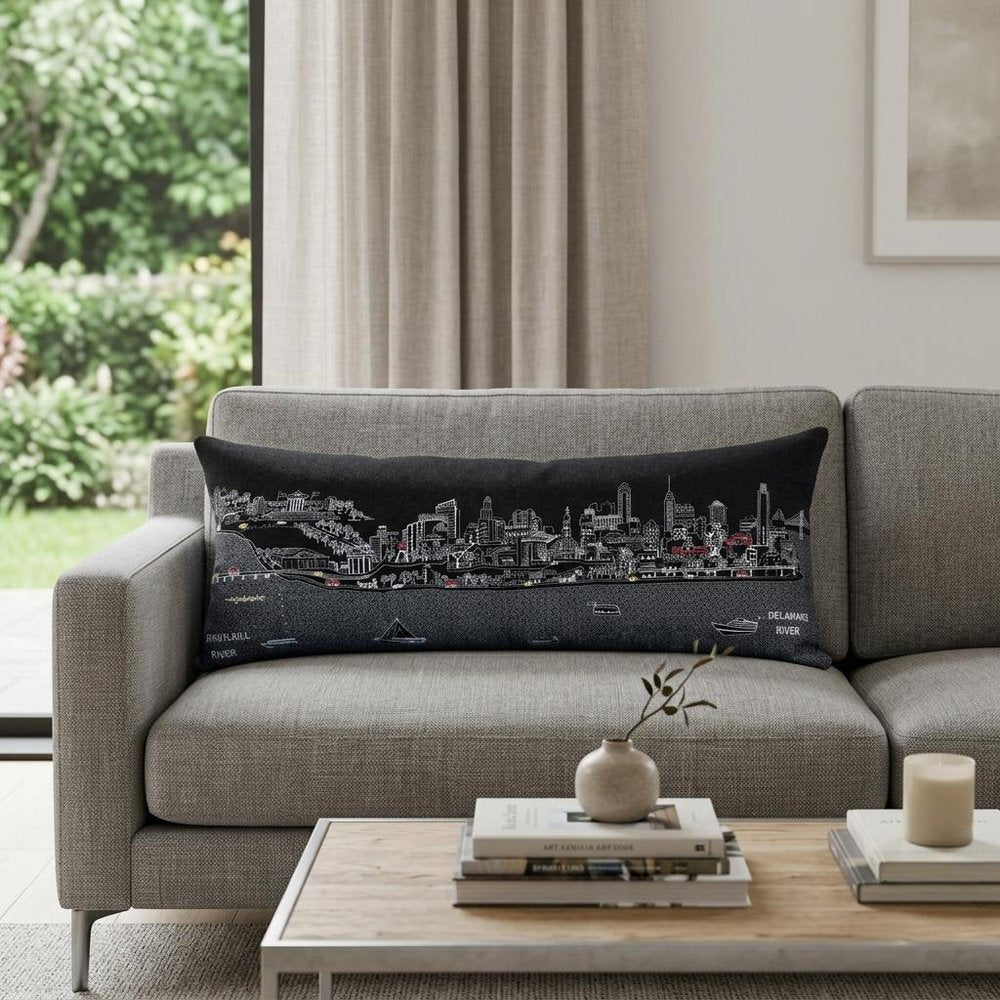 14" X 35" Dark Gray And White Philadelphia Nighttime Skyline Lumbar Decorative Pillow — view 1