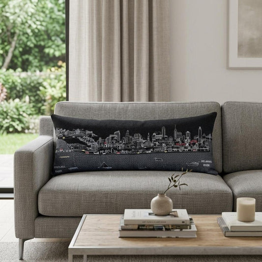 14" X 35" Dark Gray And White Philadelphia Nighttime Skyline Lumbar Decorative Pillow