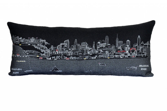 35" Black Philadelphia Nighttime Skyline Lumbar Decorative Pillow FurniFindUSA