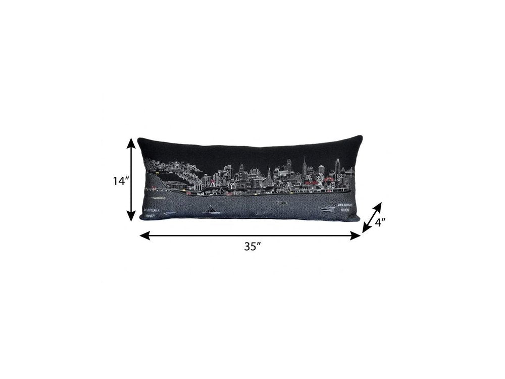 14" X 35" Dark Gray And White Philadelphia Nighttime Skyline Lumbar Decorative Pillow HomeRoots