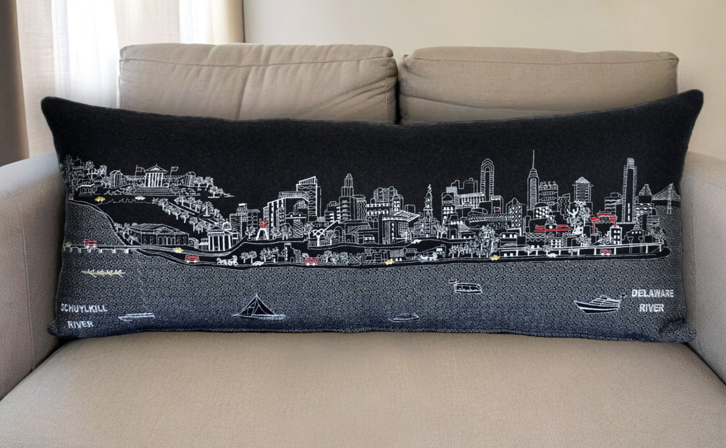 35" Black Philadelphia Nighttime Skyline Lumbar Decorative Pillow FurniFindUSA
