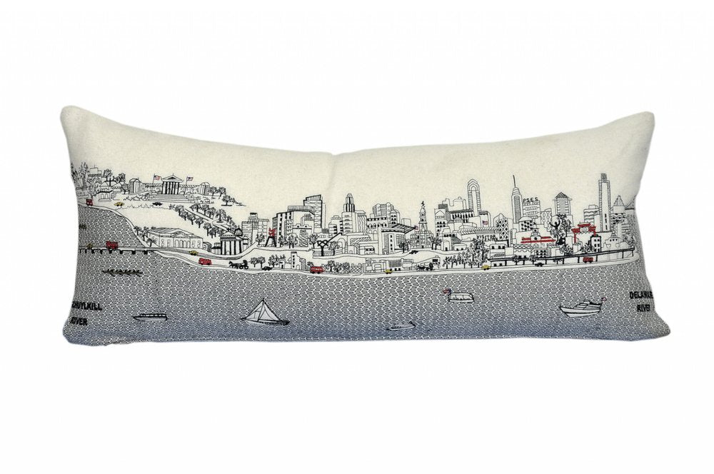 14" X 35" Dark Gray And White Philadelphia Nighttime Skyline Lumbar Decorative Pillow HomeRoots