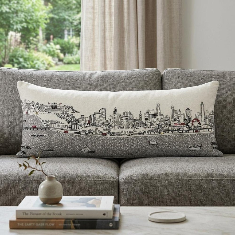 14" X 35" Dark Gray And White Philadelphia Nighttime Skyline Lumbar Decorative Pillow HomeRoots