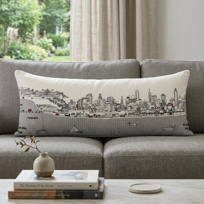 14" X 35" Dark Gray And White Philadelphia Nighttime Skyline Lumbar Decorative Pillow HomeRoots