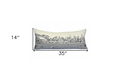14" X 35" Dark Gray And White Philadelphia Nighttime Skyline Lumbar Decorative Pillow HomeRoots