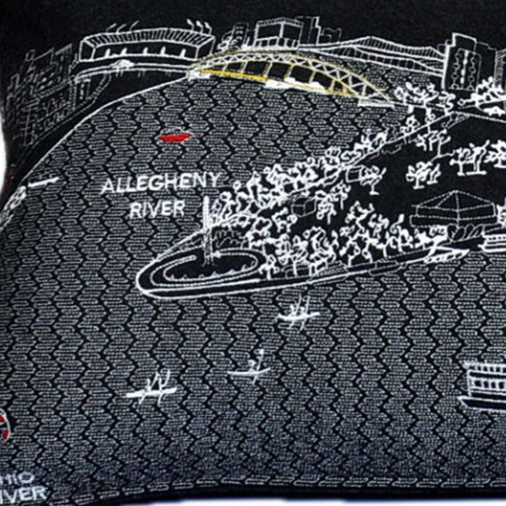 14" X 35" Dark Gray And White Pittsburgh Nighttime Skyline Lumbar Decorative Pillow HomeRoots