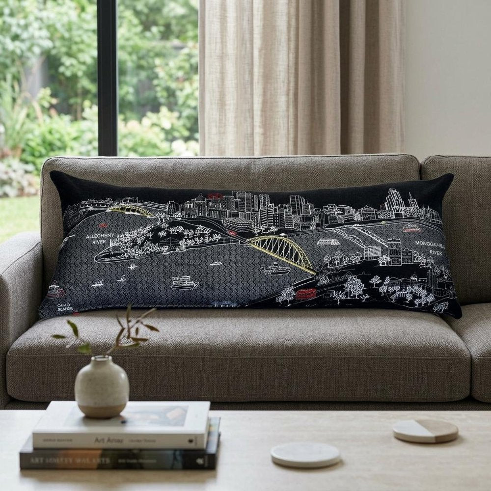 14" X 35" Dark Gray And White Pittsburgh Nighttime Skyline Lumbar Decorative Pillow — view 1