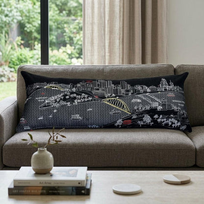 14" X 35" Dark Gray And White Pittsburgh Nighttime Skyline Lumbar Decorative Pillow HomeRoots