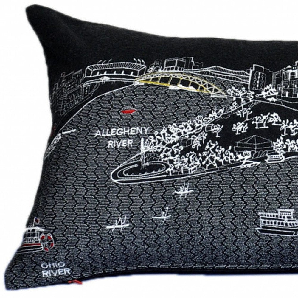 14" X 35" Dark Gray And White Pittsburgh Nighttime Skyline Lumbar Decorative Pillow HomeRoots