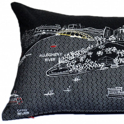 14" X 35" Dark Gray And White Pittsburgh Nighttime Skyline Lumbar Decorative Pillow HomeRoots