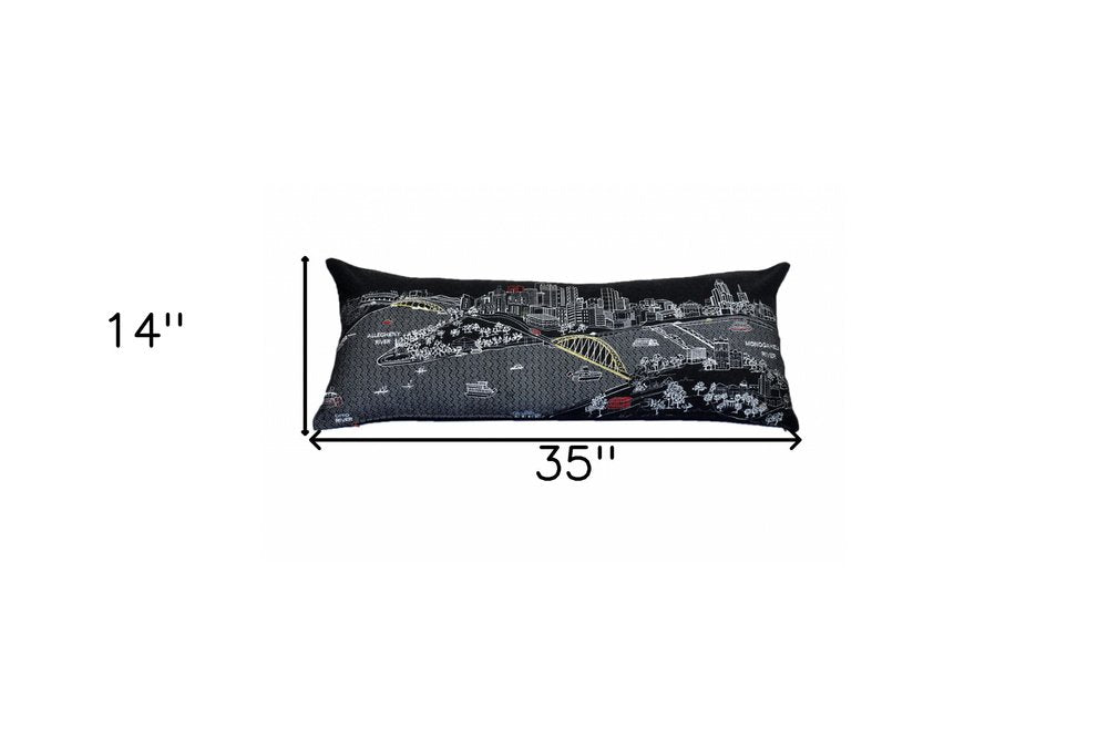 14" X 35" Dark Gray And White Pittsburgh Nighttime Skyline Lumbar Decorative Pillow HomeRoots