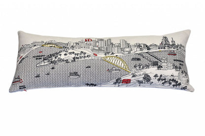 14" X 35" Dark Gray And White Pittsburgh Nighttime Skyline Lumbar Decorative Pillow HomeRoots