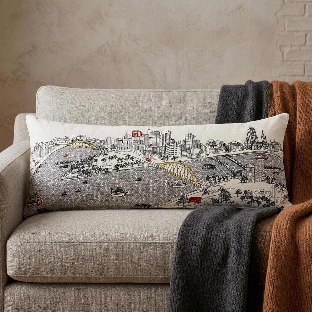 14" X 35" Dark Gray And White Pittsburgh Nighttime Skyline Lumbar Decorative Pillow HomeRoots