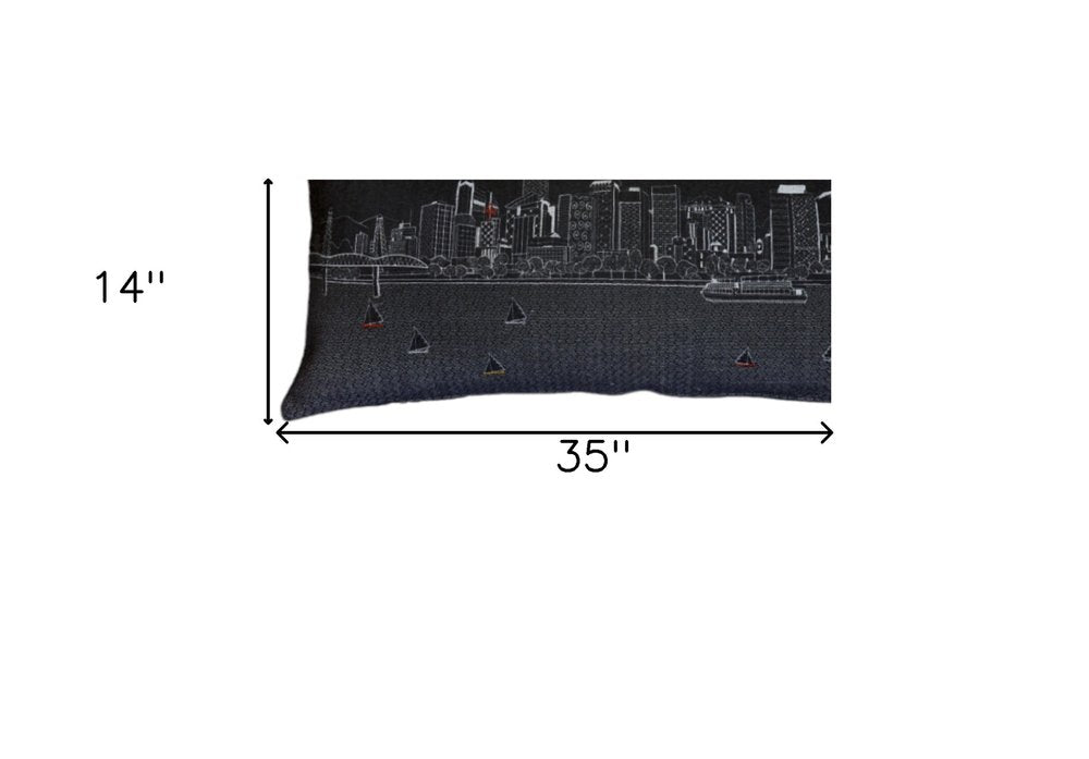 14" X 35" Dark Gray And White Portland Nighttime Skyline Lumbar Decorative Pillow — view 5