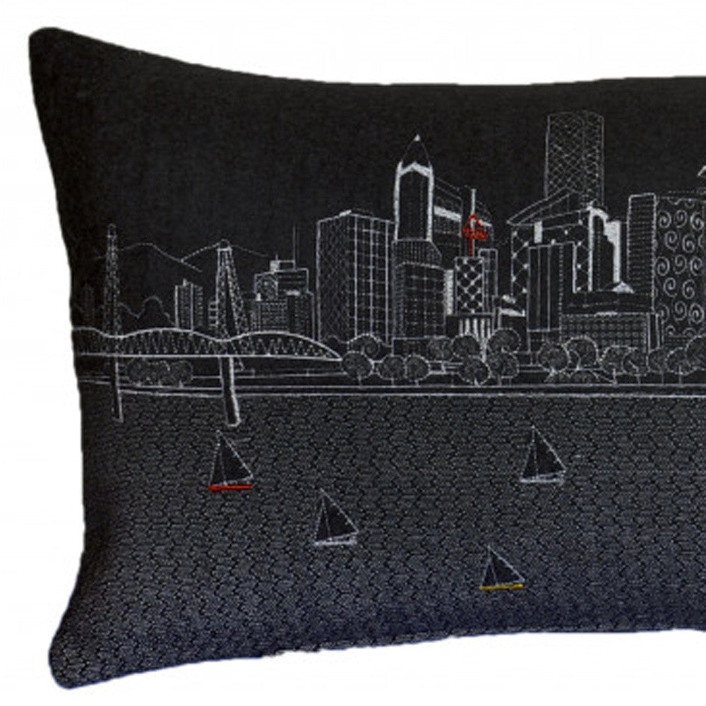 35" Black Portland Nighttime Skyline Lumbar Decorative Pillow FurniFindUSA
