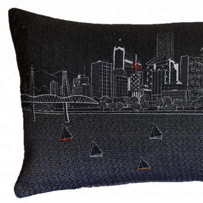 35" Black Portland Nighttime Skyline Lumbar Decorative Pillow FurniFindUSA