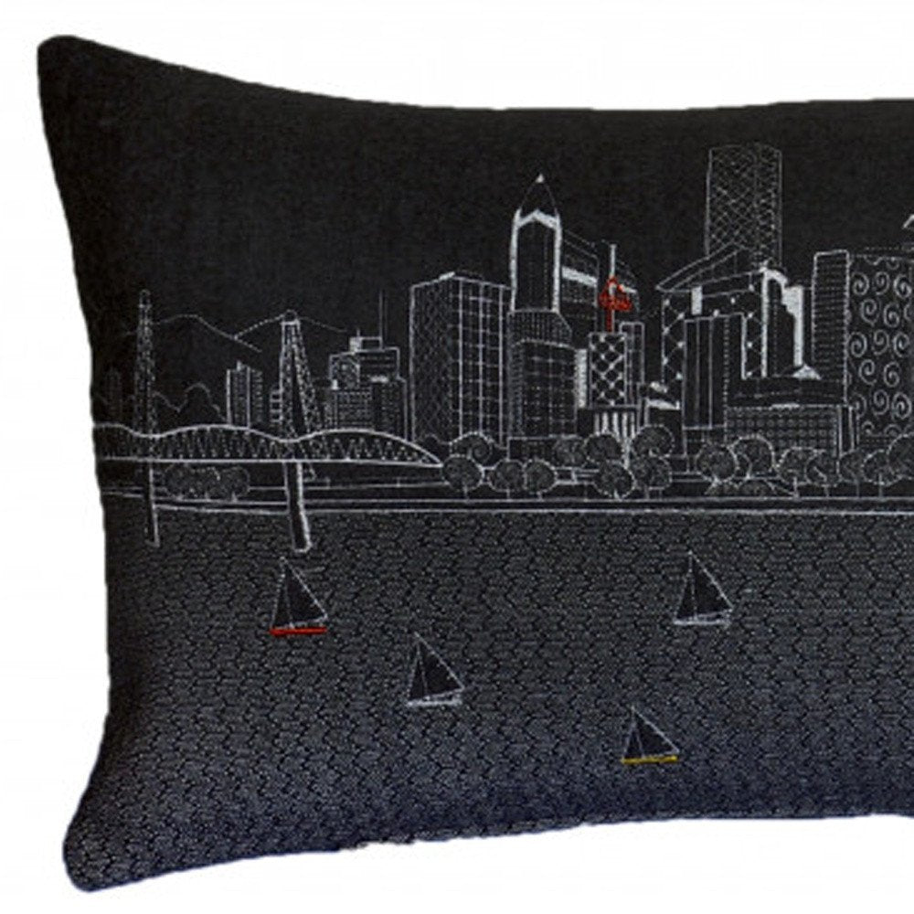 14" X 35" Dark Gray And White Portland Nighttime Skyline Lumbar Decorative Pillow HomeRoots