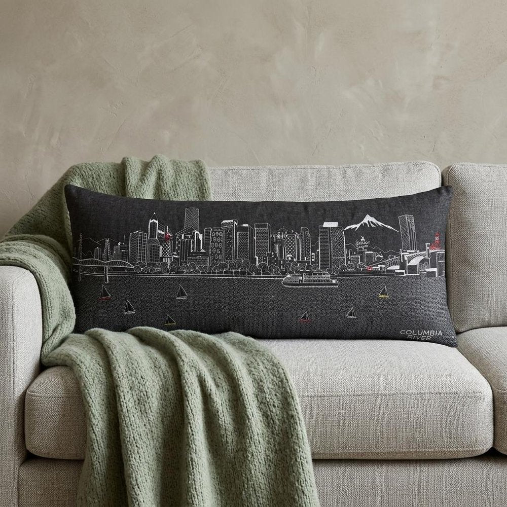 14" X 35" Dark Gray And White Portland Nighttime Skyline Lumbar Decorative Pillow HomeRoots