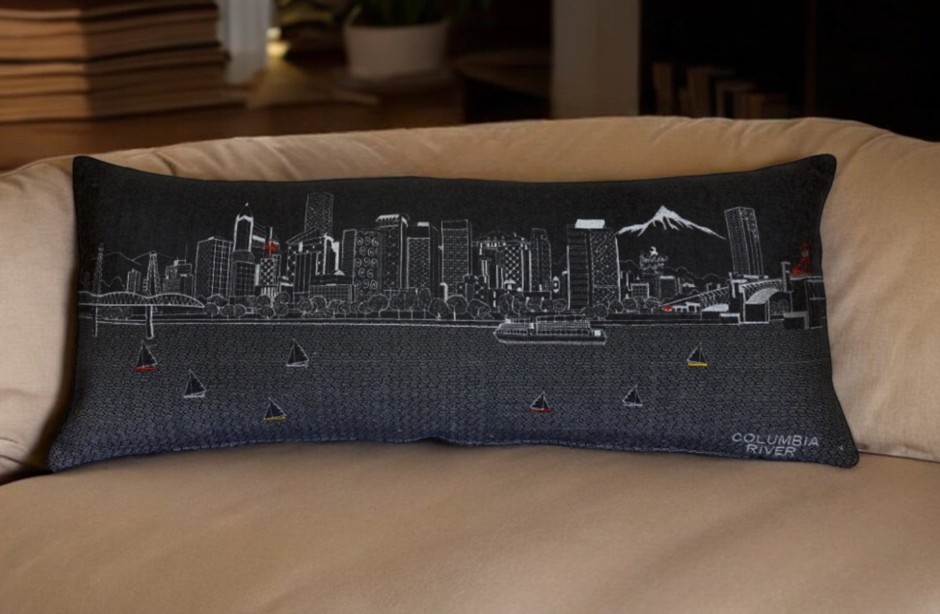 35" Black Portland Nighttime Skyline Lumbar Decorative Pillow FurniFindUSA
