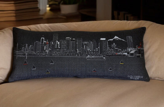 35" Black Portland Nighttime Skyline Lumbar Decorative Pillow FurniFindUSA