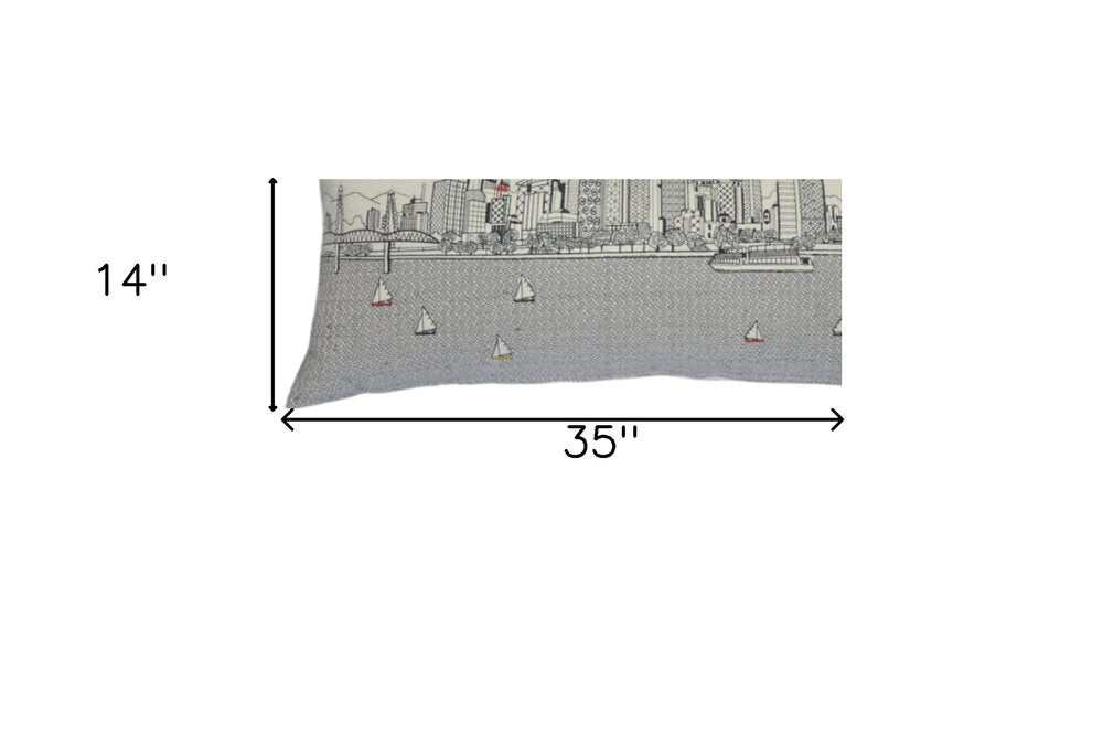 14" X 35" Dark Gray And White Portland Nighttime Skyline Lumbar Decorative Pillow HomeRoots