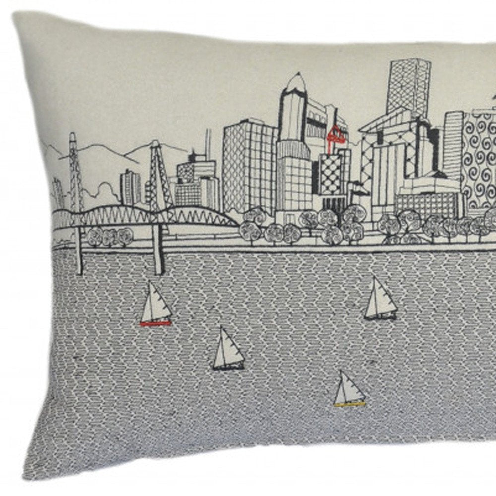 14" X 35" Dark Gray And White Portland Nighttime Skyline Lumbar Decorative Pillow HomeRoots