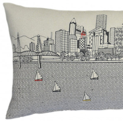 14" X 35" Dark Gray And White Portland Nighttime Skyline Lumbar Decorative Pillow HomeRoots