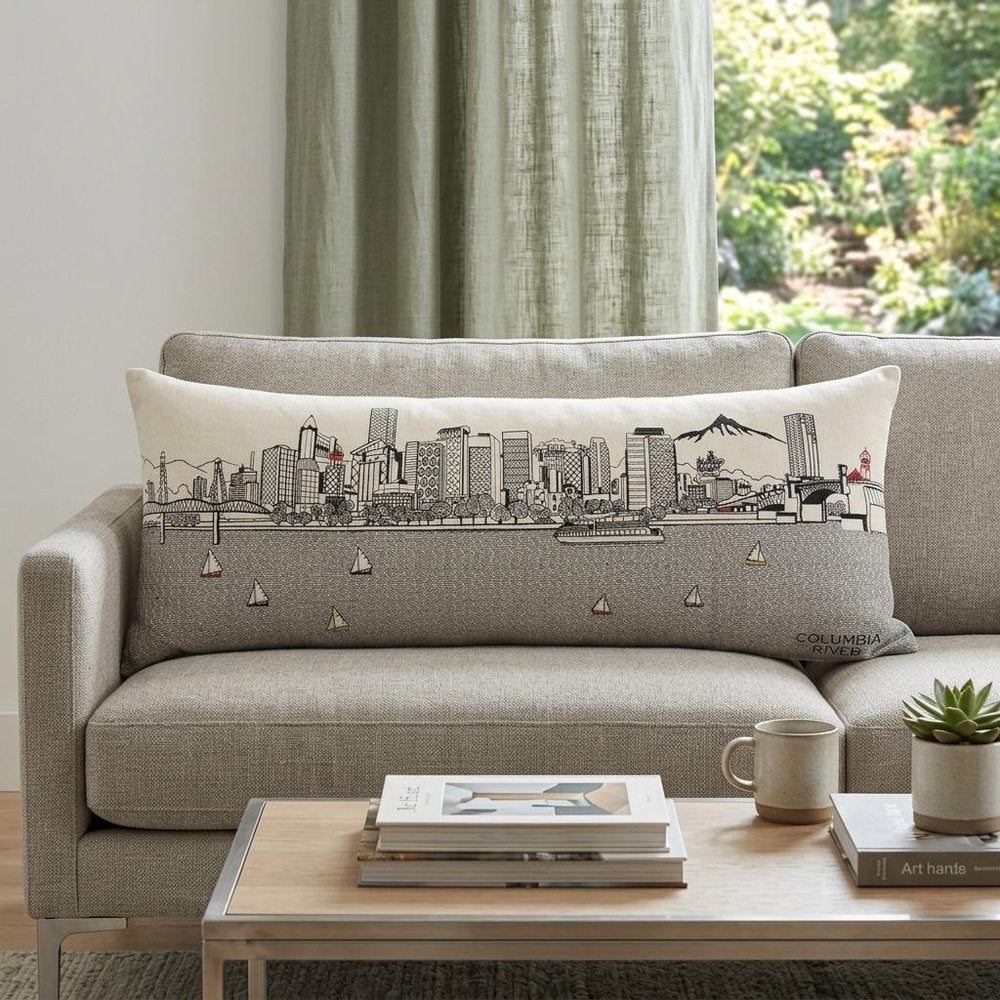 14" X 35" Dark Gray And White Portland Nighttime Skyline Lumbar Decorative Pillow HomeRoots