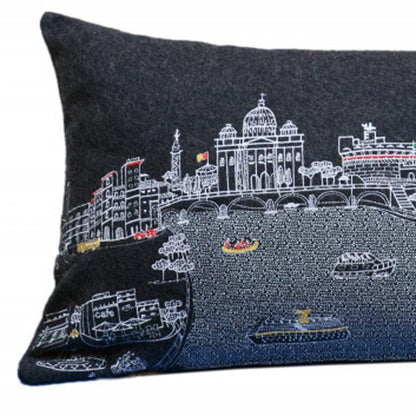 14" X 35" Dark Gray And White Rome Nighttime Skyline Lumbar Decorative Pillow HomeRoots