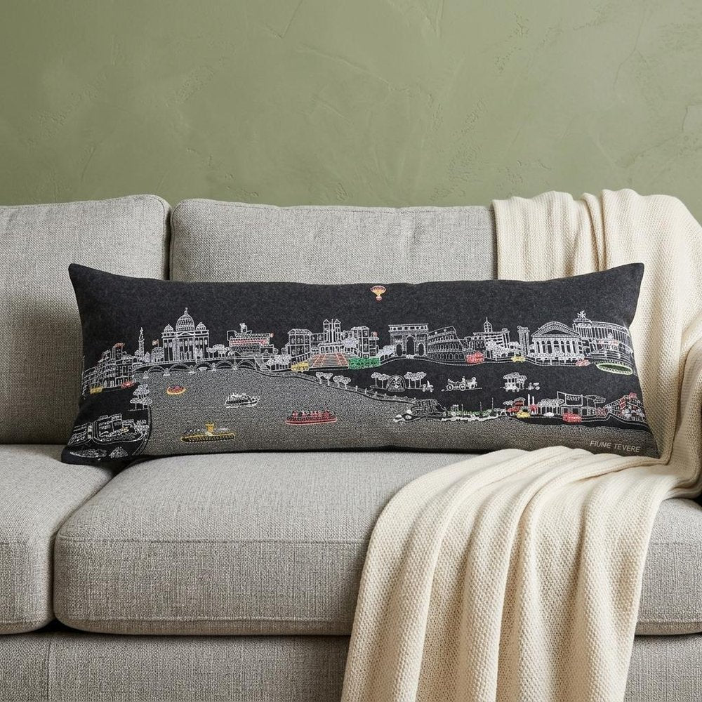 14" X 35" Dark Gray And White Rome Nighttime Skyline Lumbar Decorative Pillow HomeRoots