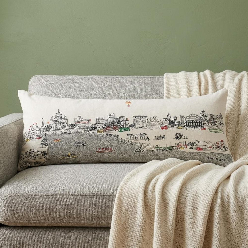 14" X 35" Dark Gray And White Rome Nighttime Skyline Lumbar Decorative Pillow HomeRoots